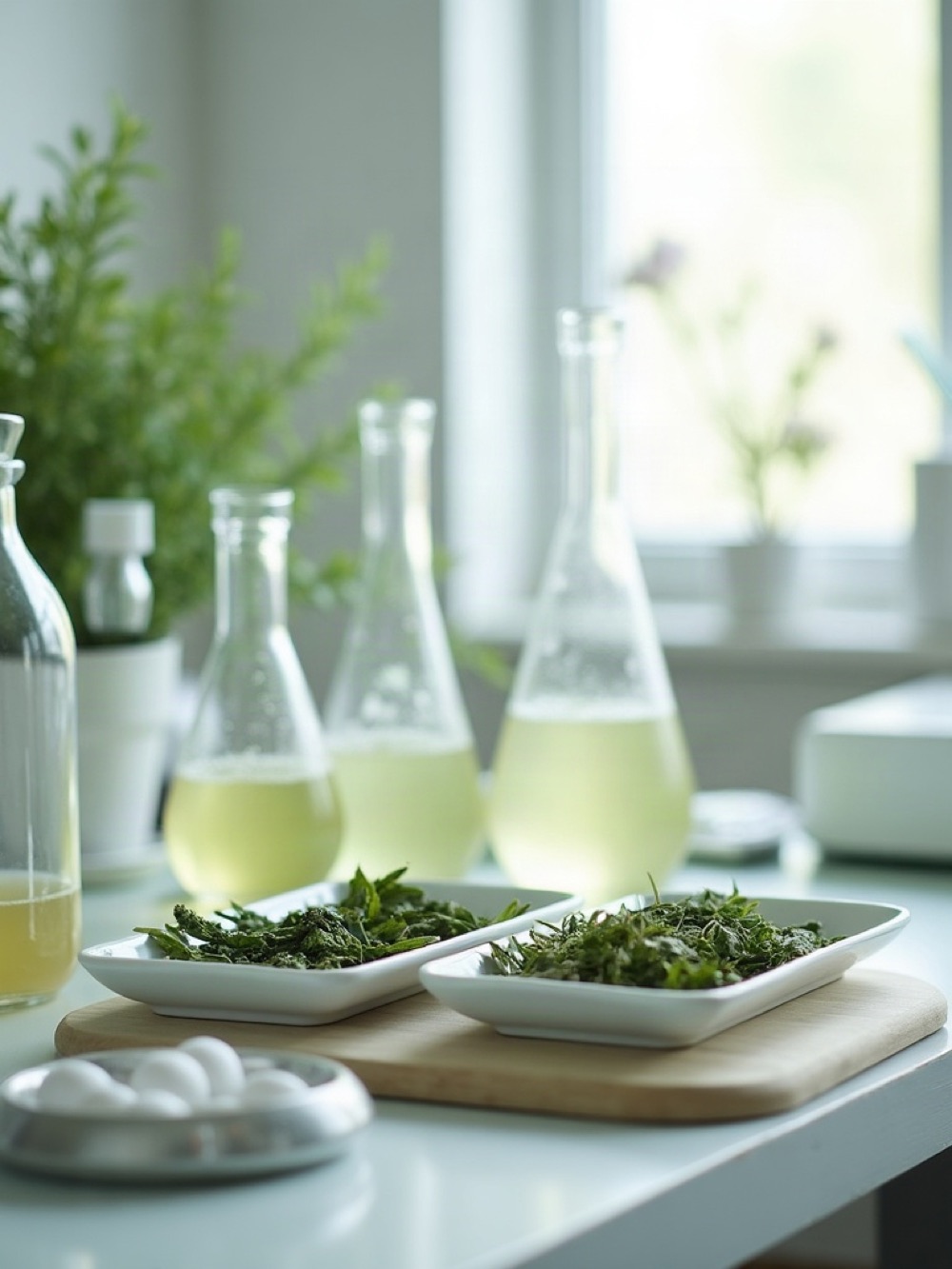 Glass flasks of pale botanical extract beside porcelain trays of dried leaves