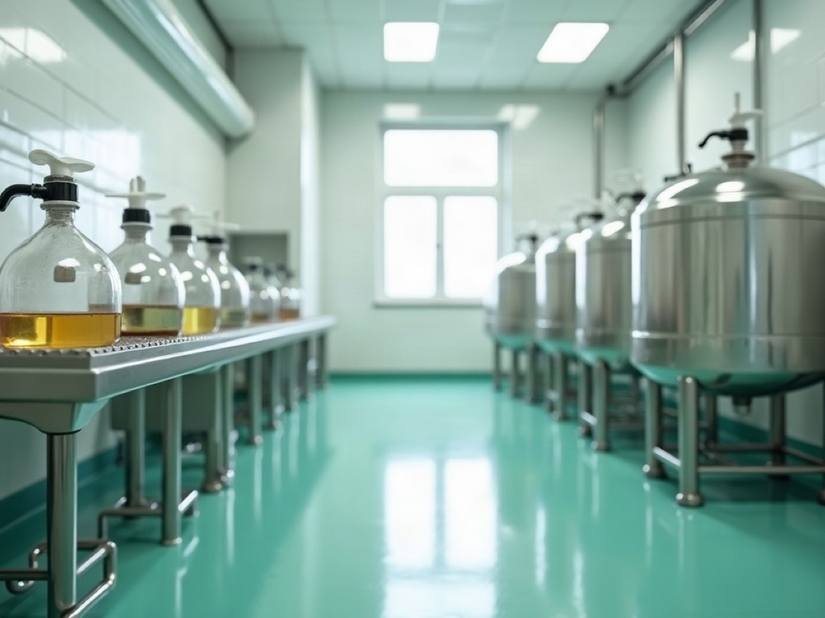 Glass carboys of amber liquid beside stainless process tanks in a tiled production room