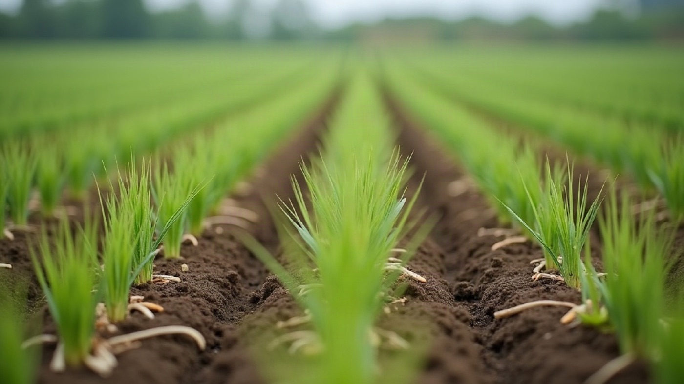 Young crop seedlings in dark cultivated rows on the farm