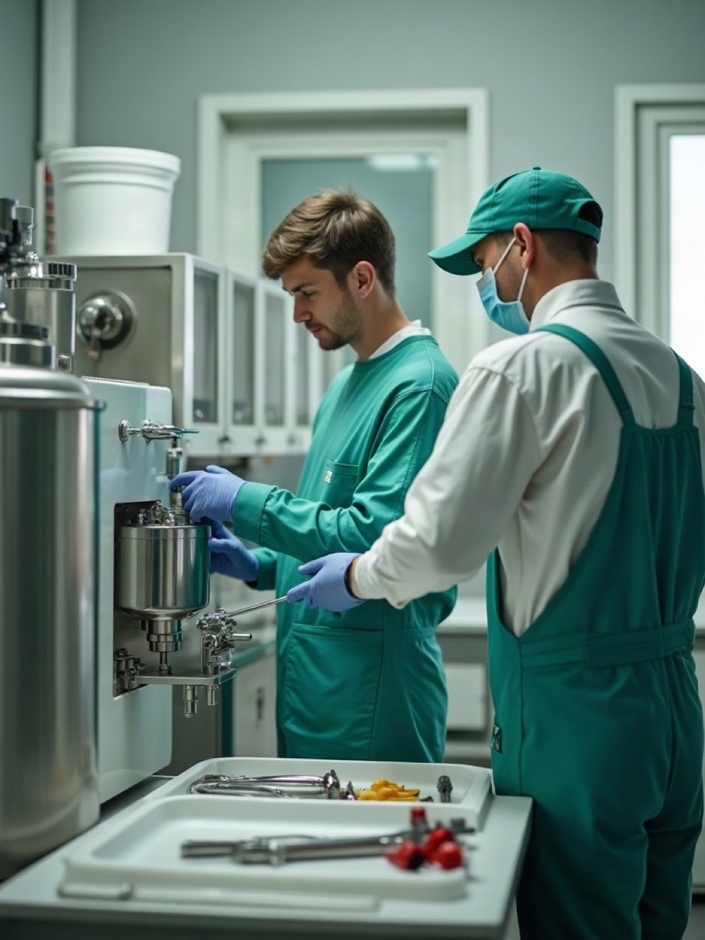 Two fitters in teal workwear servicing a stainless mixing vessel