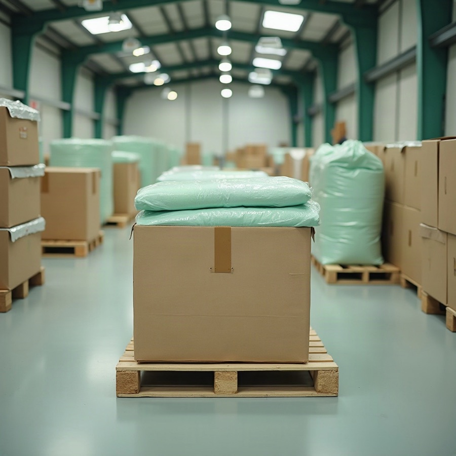 Pallet with sealed cartons and pale green sacks in the wholesale bay